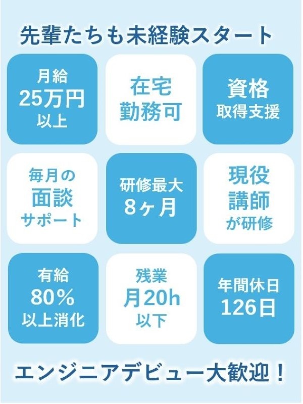 SE（未経験歓迎）◆現役エンジニアが研修講師／リモートワーク可／年間休日126日／残業月20h以下イメージ1